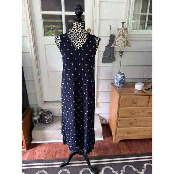 J. Jill Sleeveless Blue Midi Dress XS Polkadot Print Soft Stretch Flounced Hem - Picture 1 of 8